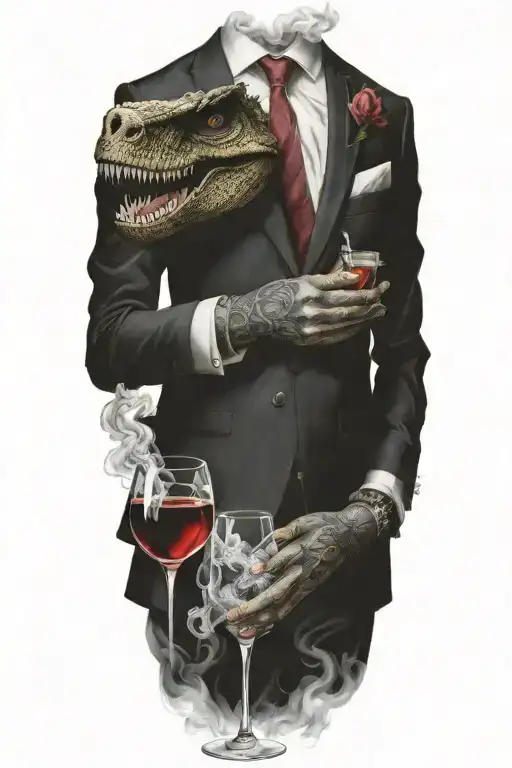 A T-rex in a suit holding a glass of wine in one hand and a cigarette in the other, with aquarius symbols in the smoke tattoo design idea