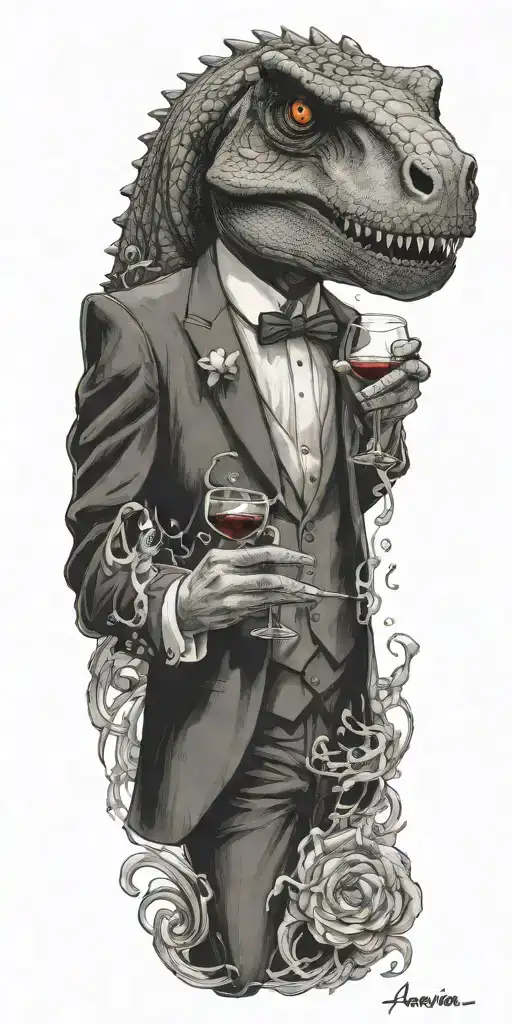 aquarius zodiac sign entangled with a t-rex in a tuxedo serving wine and smoking a cigarette tattoo design idea