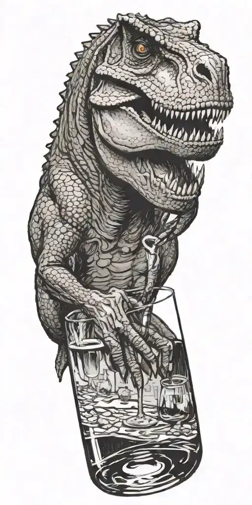 A realistic depiction of a T-rex enjoying a glass of wine in a traditional Greek tavern, with subtle astrology symbols in the background tattoo design idea