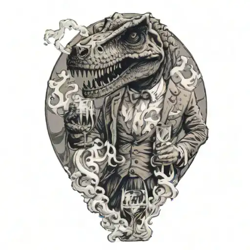 A T-rex in a suit holding a glass of wine in one hand and a cigarette in the other, with aquarius symbols in the smoke tattoo design idea