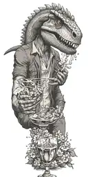 Aquarius dinosaur drinking wine with elements of food service and homosexuality tattoo design idea