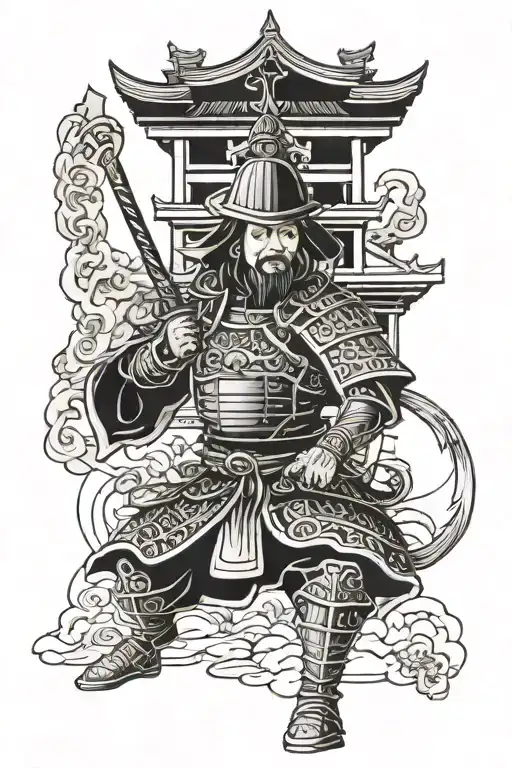 Mongol warrior with Chinese and Japanese armor esthetics with a pagoda and torii gate in the background tattoo design idea