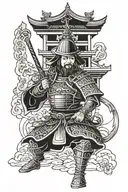 Mongol warrior with Chinese and Japanese armor esthetics with a pagoda and torii gate in the background tattoo design idea