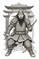 Mongol warrior with Chinese and Japanese armor esthetics with a pagoda and torii gate in the background tattoo design idea