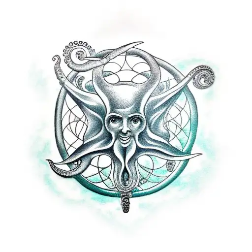 Poseidon's trident at the center, an octopus tentacle gracefully wrapping around it, sur tattoo design idea