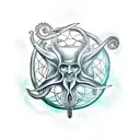 Poseidon's trident at the center, an octopus tentacle gracefully wrapping around it, sur tattoo design idea