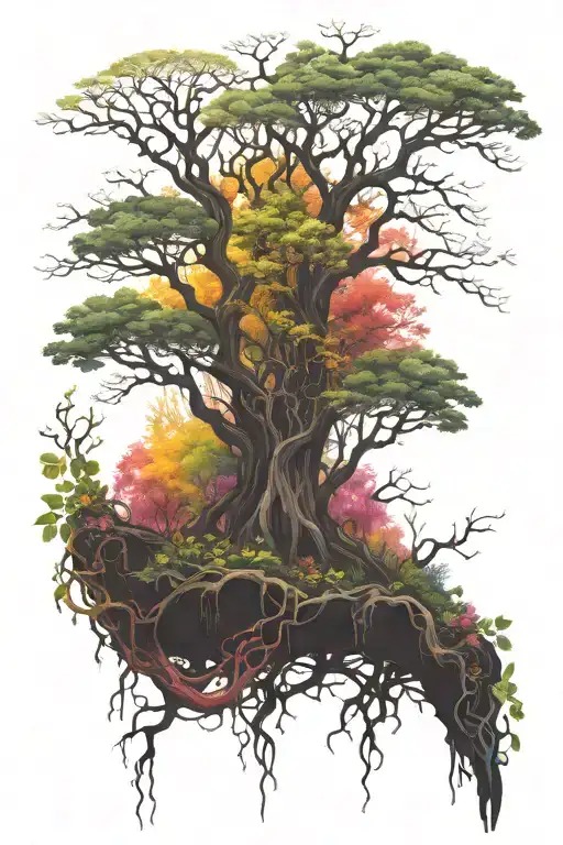 forest with vines with the top half being alive and colorful and the bottom half black and dying.   tattoo design idea