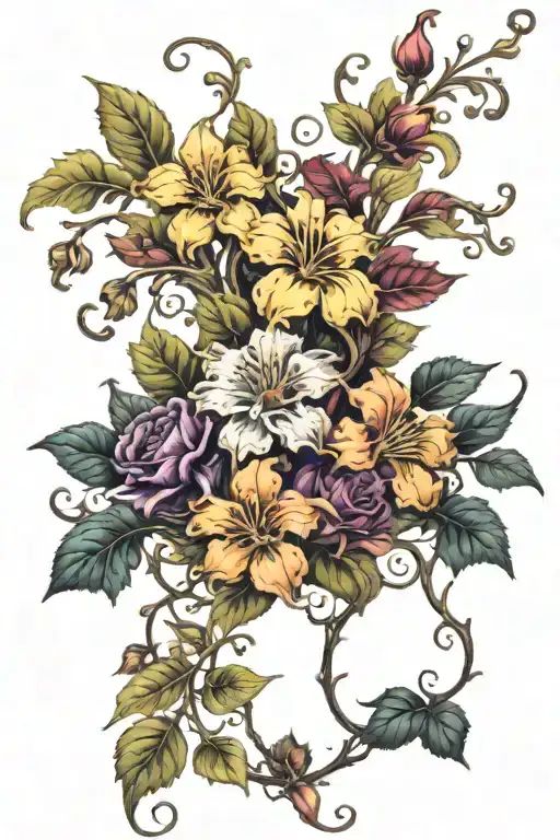 vines and flowers with the top being alive and colorful and the bottom black and dying.   tattoo design idea