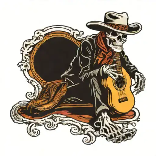 skeleton sat down playing a guitar wearing a cowboy hat tattoo design idea