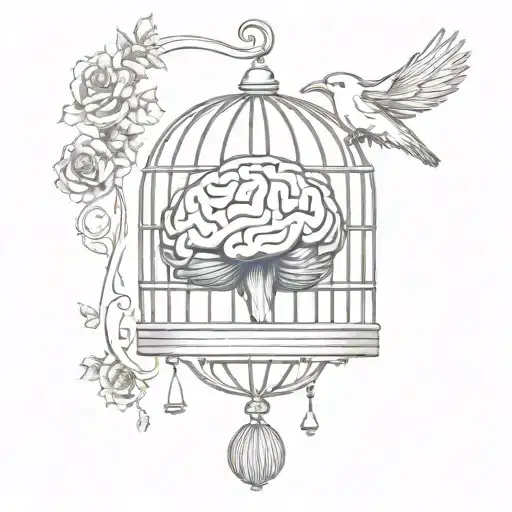 human brain in a bird cage tattoo design idea