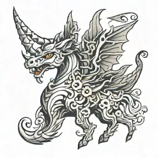 A mythical creature inspired by favorite video game characters, symbolizing the magical world of gaming and family bonds tattoo design idea