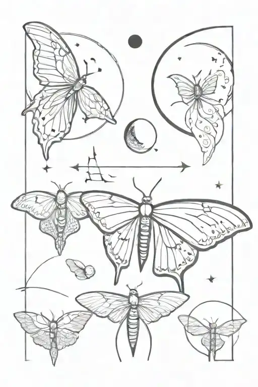 luna moth and moon phases tattoo design idea