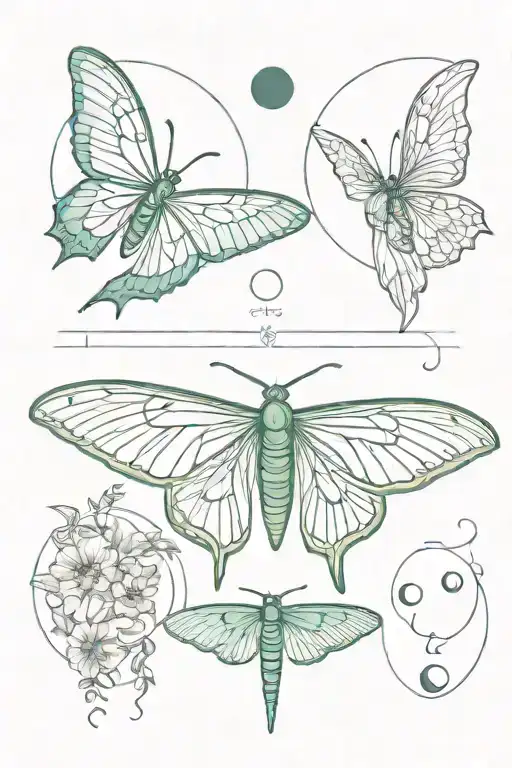 luna moth and moon phases tattoo design idea