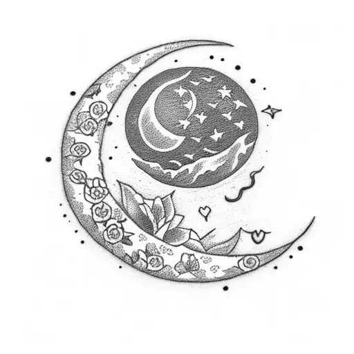 crescent moon with flowers and red string aesthetically wrapped around it, also disguise the following numbers in the de tattoo design idea