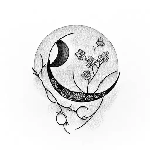 crescent moon with flowers and red string aesthetically wrapped around it, also disguise the following numbers in the de tattoo design idea