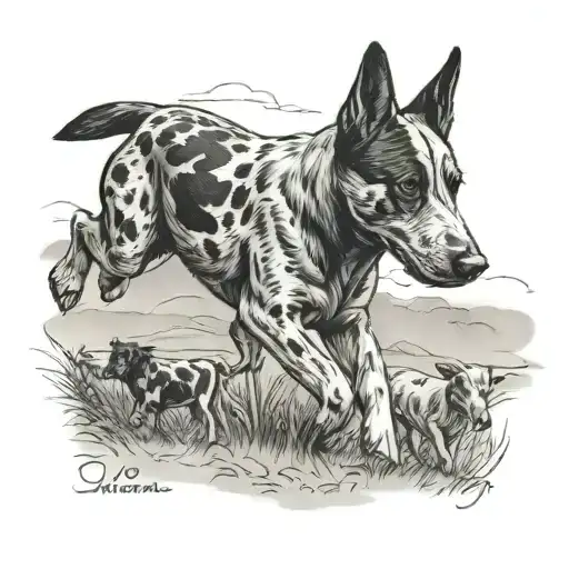 A black-grey tattoo of a blue heeler dog herding cattle on a farm tattoo design idea