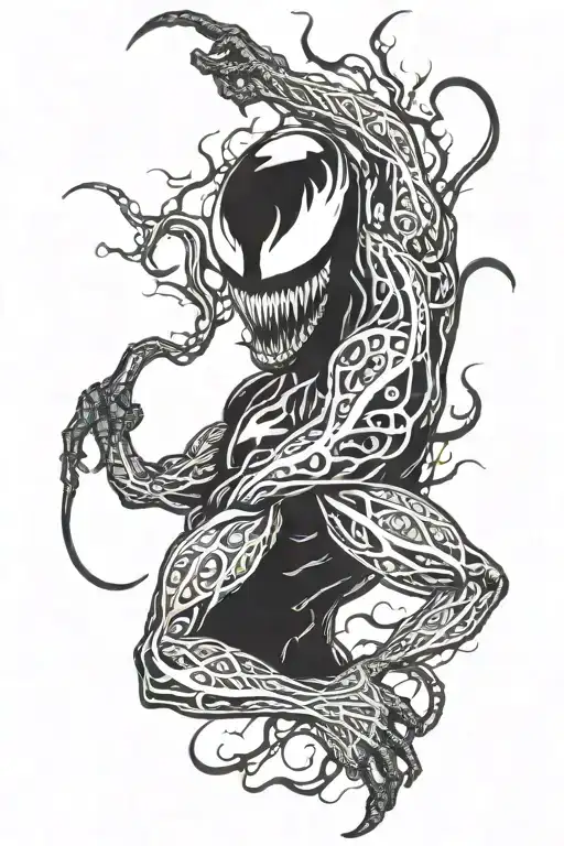 Venom symbiote taking over my shoulder leading down my arm, dark shadows and detailed tattoo design idea
