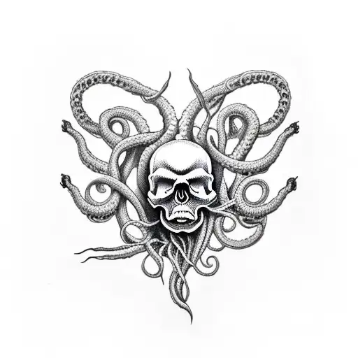 skull with tentacles, crossed rifle and Caduceus  tattoo design idea