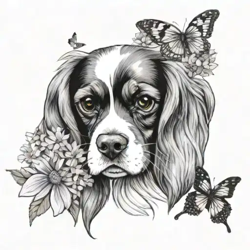 cavalier king charles spaniel in lavender and daisies and butterflies tattoo design idea