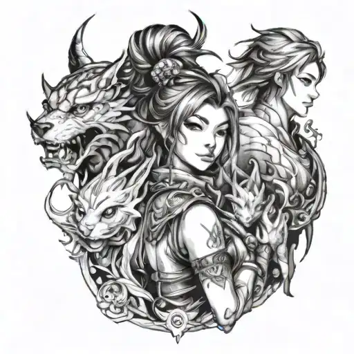 yuna with valefor and ifrit from final fantasy 10 tattoo design idea