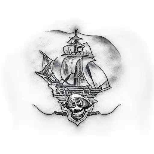 burning pirate ship tattoo design idea