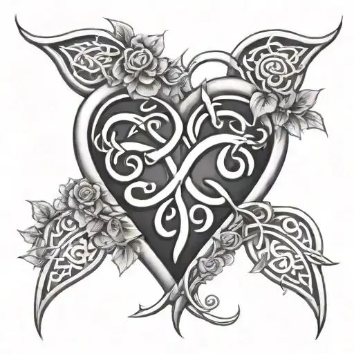 A heart-shaped Celtic knot surrounded by swirling vines and flowers tattoo design idea