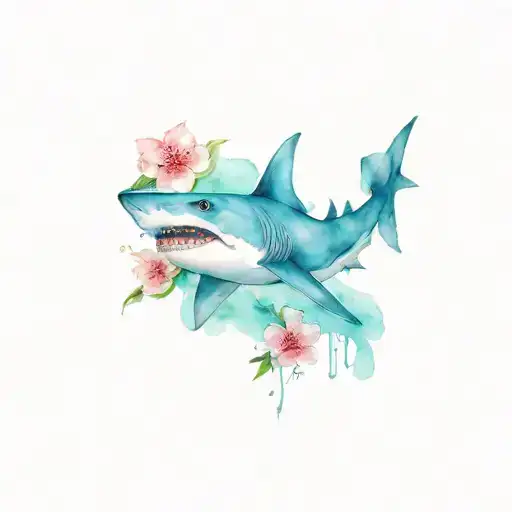 shark and sakura flowers tattoo design idea