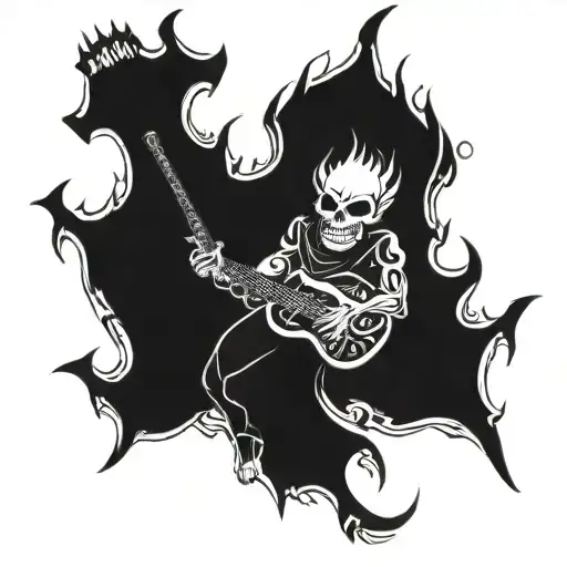 Heavy metal demon holding a flaming guitar surrounded by skulls and chains tattoo design idea