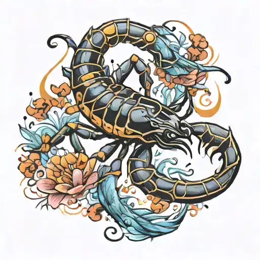 black stylized scorpion surrounded by watercolor fish  tattoo design idea