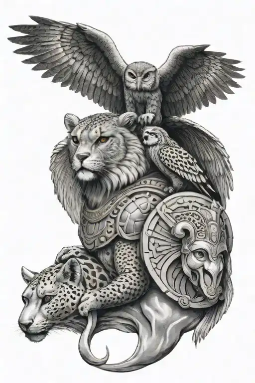 owl, elephant and cheetah with a Roman warrior holding tattoo design idea
