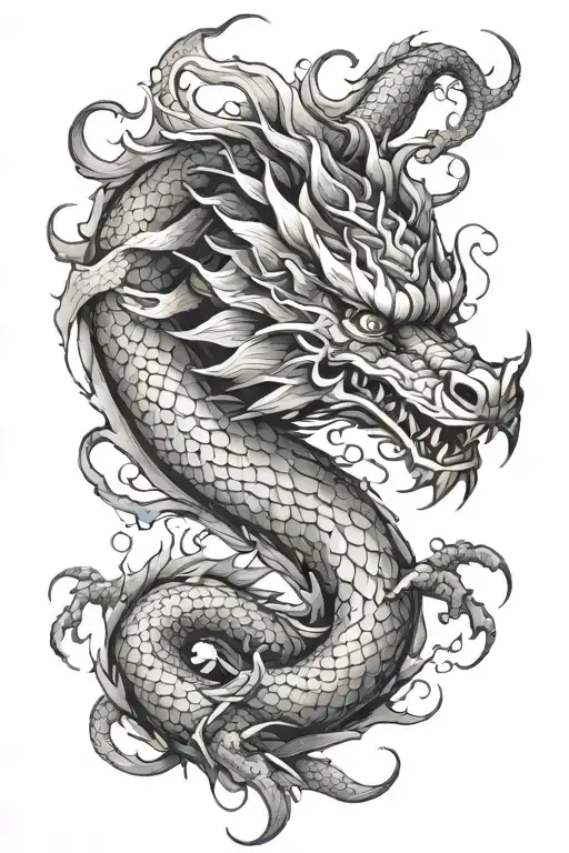 ink-style smokey chinese dragon forearm tattoo, monochrome, stylistic, inky tattoo design idea