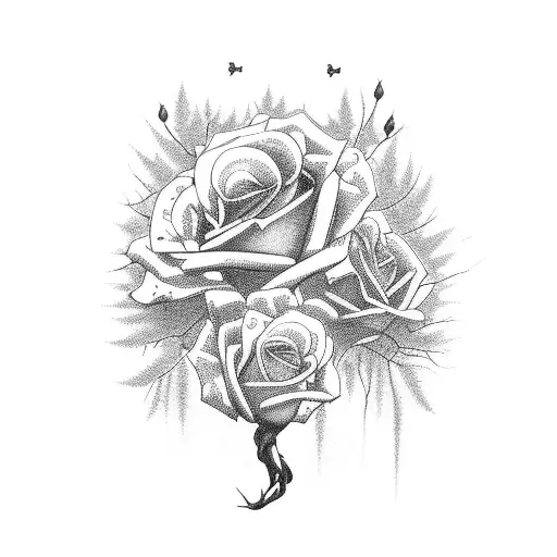fore arm sleeve trees and roses and barbed wire tattoo design idea