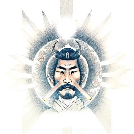 a japanese samurai warrior in a garden standing on one knee watching over a flower with the sun in the background tattoo design idea