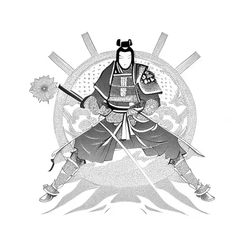 a japanese samurai warrior in a garden sitting over a flower with the sun in the background tattoo design idea