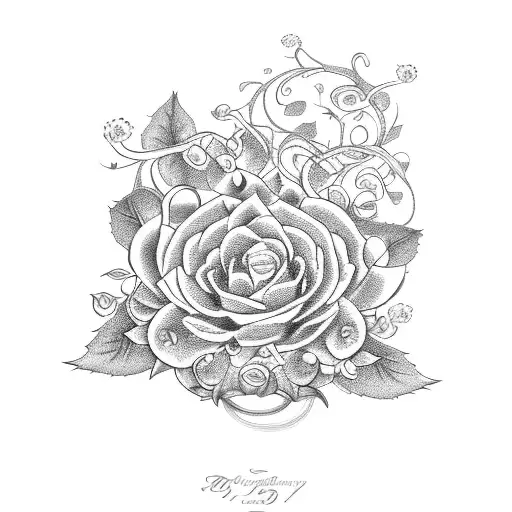 Passionflower and vines and hydrangea and cat tattoo design idea