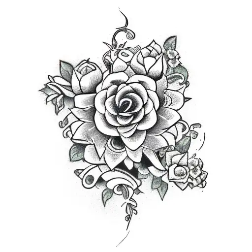 Passionflower and vines and hydrangea and cat tattoo design idea