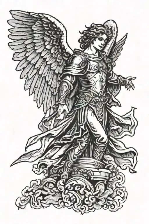 Catholic Angel with arms wide open looking up and the wings opening behind him but the he is only wearing armored pants  tattoo design idea
