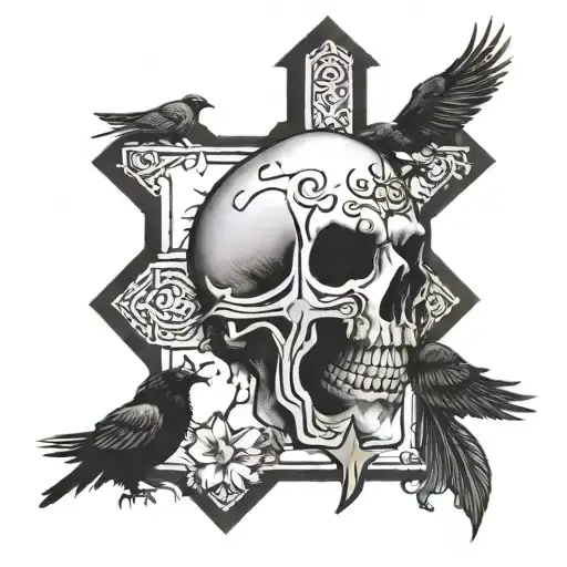 Religious Cross With Crows tomb and gothic skull  tattoo design idea