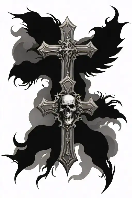 Gothic religous Cross with skull that has sharp teeth crows and graves tattoo design idea