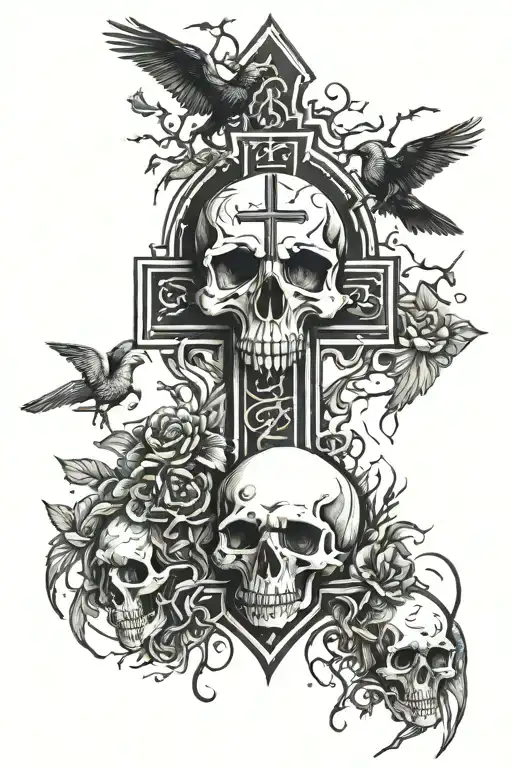 Religious Cross With Crows tomb and gothic skull  tattoo design idea