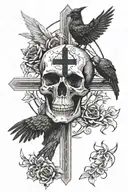 Religious Cross With Crows tomb and gothic skull jesus hands   tattoo design idea