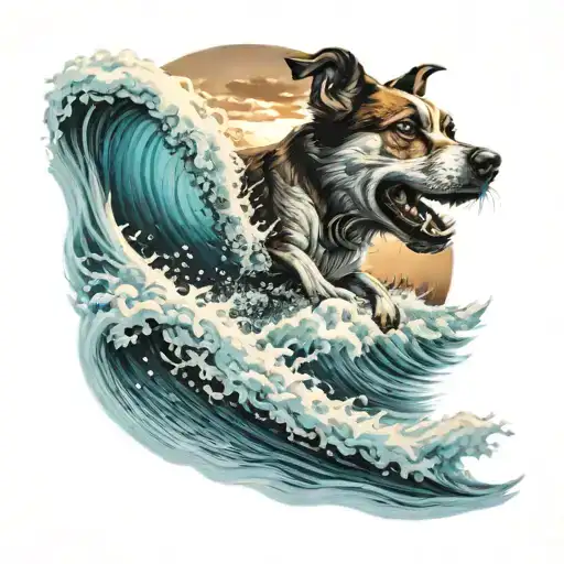 A realism tattoo of a beautiful ocean scene with waves crashing and a dog surfing tattoo design idea