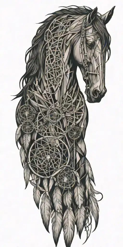 thorough bred horse in dream catcher entangled tattoo design idea