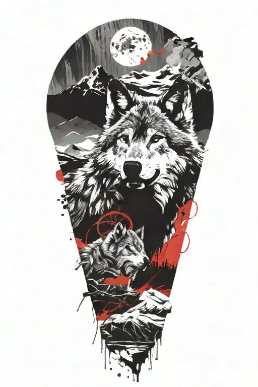 wolf and mountains panorama tattoo design idea