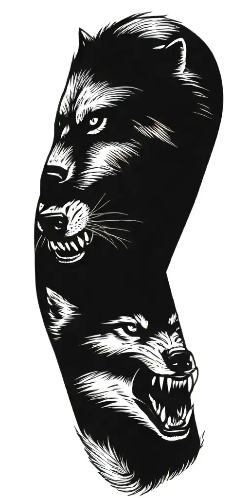wolf snarling at bear head profile holding tattoo design idea