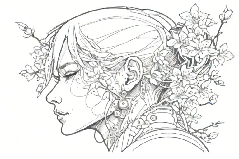cyberpunk girl face sideways with cherry blossoms tattoo design idea