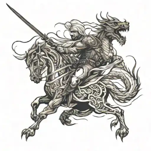war between Iranian warrior and dragon  tattoo design idea
