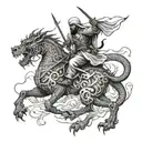war between Iranian warrior and dragon  tattoo design idea