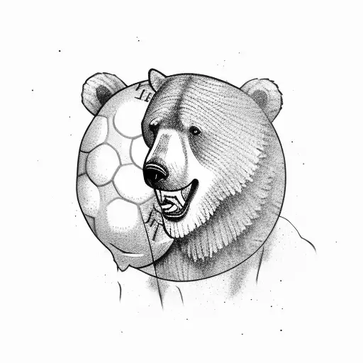 A bear catching a baseball mid-air in a mountainous landscape tattoo design idea