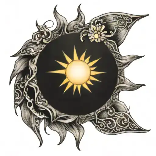 a sun shining with cute details intertwined tattoo design idea